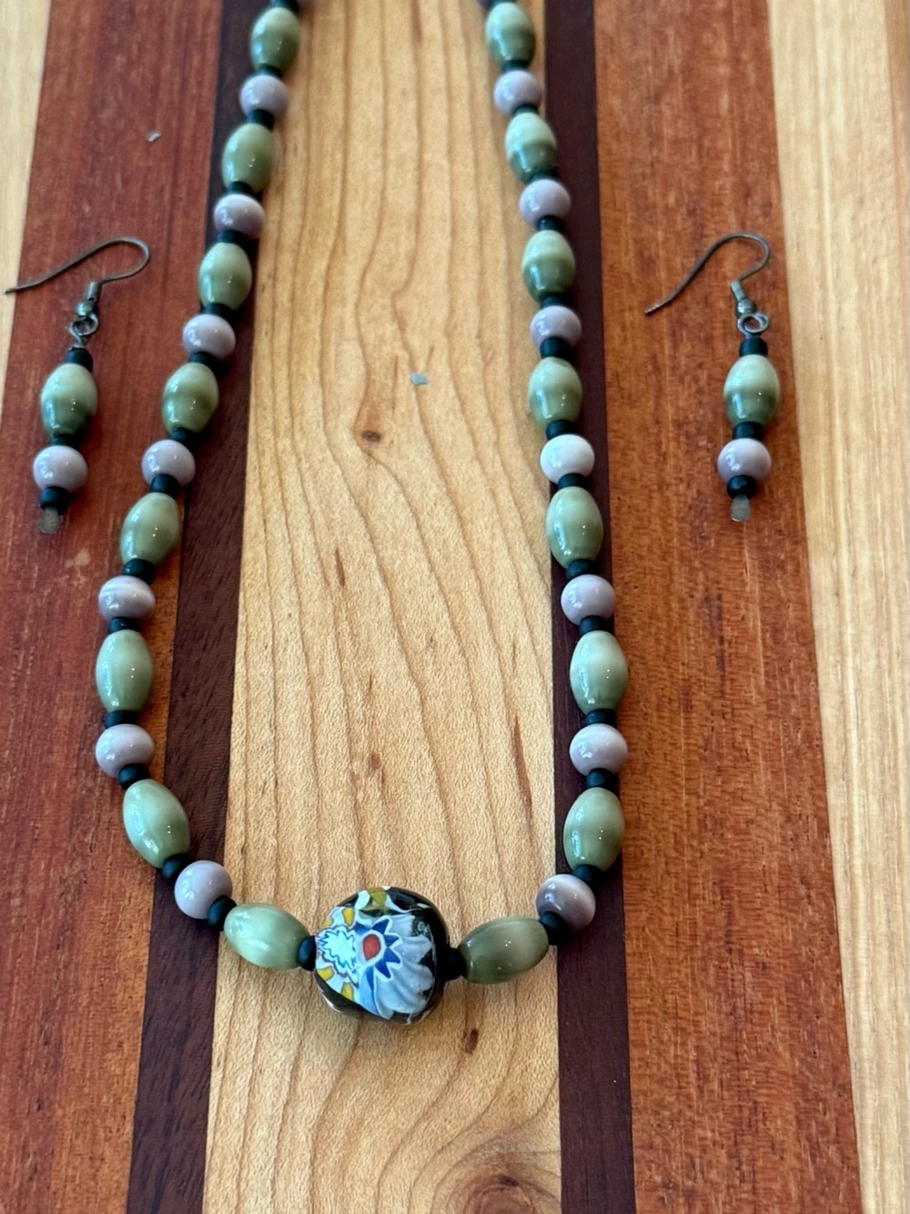 Handcrafted Boho Olive Green and Light Pink Beaded Necklace and Earring Set